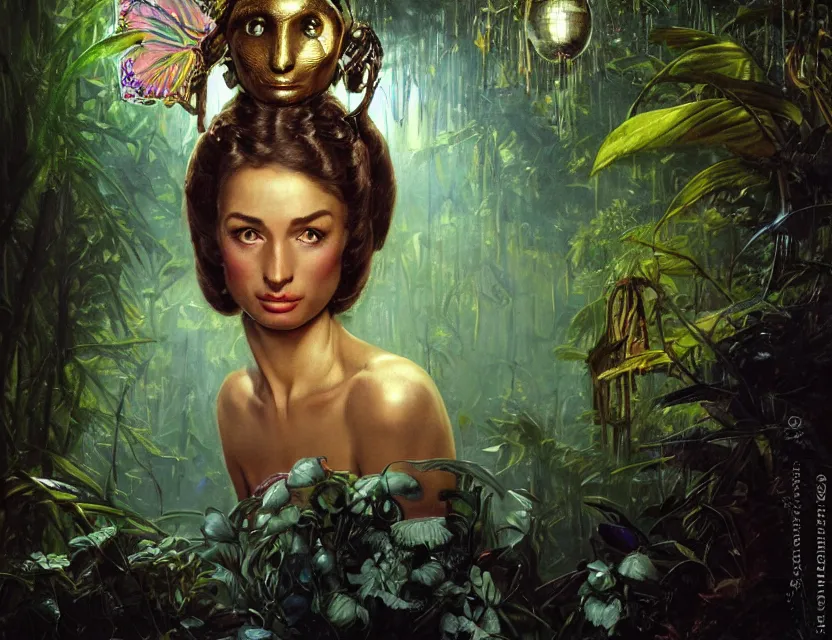 Prompt: a close - up neoclassicist portrait of an alien girl wearing an iridescent retrofuturistic butterfly mask surrounded by silver mushrooms in a jungle. reflective textures. glowing fog in the background. highly detailed fantasy science fiction painting by norman rockwell, frank frazetta, and syd mead. rich colors, high contrast, gloomy atmosphere, dark background. trending on artstation