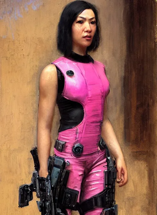 Image similar to Nikki tanaka. beautiful cyberpunk female USN marine wearing a military vest and a pink tactical catsuit (cyberpunk 2077, bladerunner 2049). gorgeous face. Iranian orientalist portrait by john william waterhouse and Edwin Longsden Long and Theodore Ralli and Nasreddine Dinet, oil on canvas. Cinematic, hyper realism, realistic proportions, dramatic lighting, high detail 4k