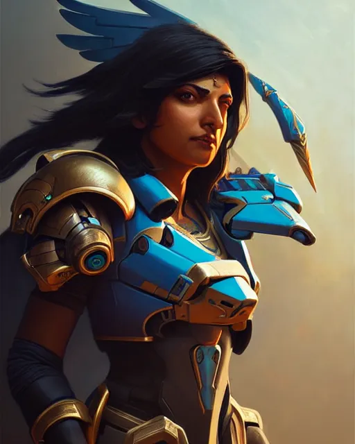 Image similar to pharah from overwatch, character portrait, concept art, intricate details, highly detailed by greg rutkowski, michael whelan and gustave dore