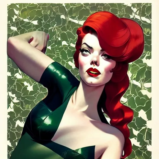 Prompt: joshua middleton, phil noto, norman rockwell, artgerm, 1 9 5 0 s rockabilly emma stone poison ivy dc comics, pompadour, vines, symmetrical eyes, city rooftop