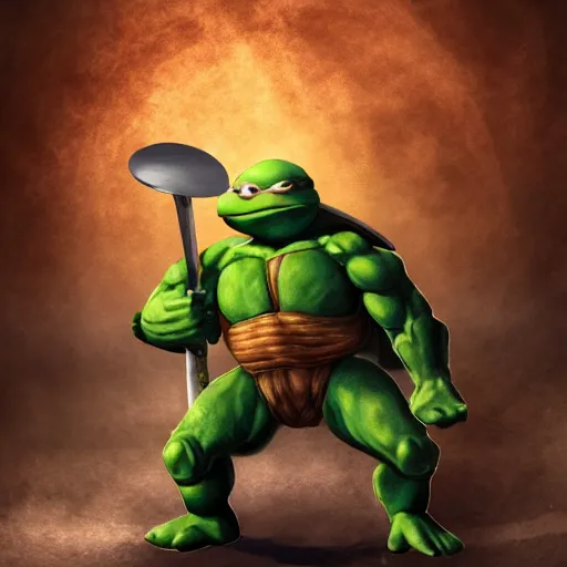 Prompt: teenage mutant ninja turtle michaelangelo holding frying pan full of doornails, wearing white chef hat, volumetric lighting, realistic, photo, artstation