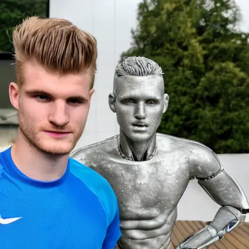 Image similar to a realistic detailed photo of a guy who is an attractive humanoid who is half robot and half humanoid, who is a male android, soccer player timo werner, shiny skin, posing like a statue, blank stare, by the pool, on display, showing off his muscles, humanoid robot, frozen ice statue, made of ice