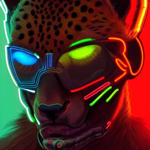 Image similar to a beautiful commission portrait of a male anthro cheetah wearing a neon jacket,futuristic,detailed face,mohawk,cyberpunk city,deviantart,artstation,art by greg rutkowski,ross tran,professional lighting,neon city,night,raytracing,highly realistic,4k,dramatic,hyperrealism