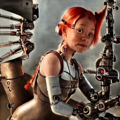 Image similar to A realistic picture of pippi longstocking in the 70’s as a cyborg robot sitting on a metal robot horse, hyper real, highly detailed