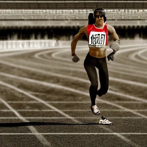 Image similar to Female athlete sprinter in a race with cyborg legs while the audience cheers, cinematic stillframe, diesel punk, art deco stadium, artstation, contrasty, athlete photography, f/1.4, otomo manga, akira