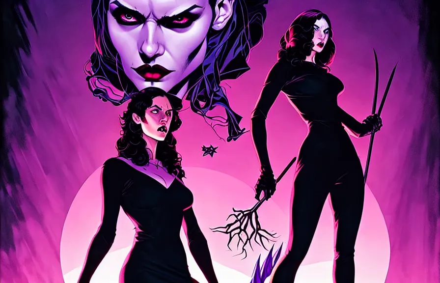 Prompt: rafael albuquerque comic cover art, artgerm, joshua middleton, pretty stella maeve witch doing black magic, serious look, purple dress, symmetrical eyes, symmetrical face, long black hair, full body, werewolf behind eva, twisted evil dark forest in the background, cool colors