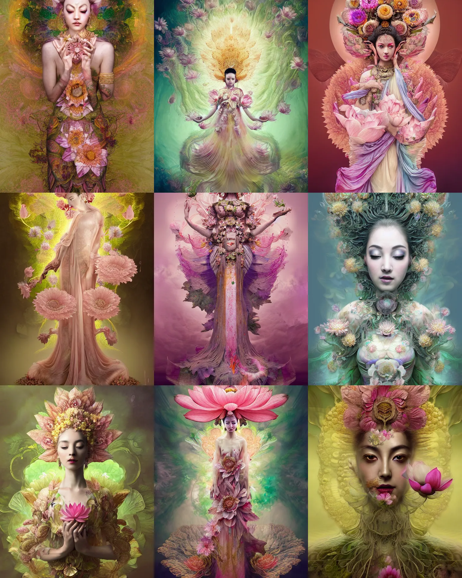 Prompt: Full View 8k Portrait ethereal lotus flower deity wearing beautiful dress, lotus flower Dryad beautiful dress made of lotus flowers, 4k digital masterpiece by Alberto Seveso and Anna Dittman and Ruan Jia, fantasycore, Hyperdetailed, realistic oil on linen, soft lighting, Iconography background, featured on Artstation