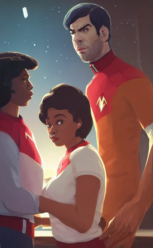 Prompt: Celia Rose Gooding as Uhura and Ethan Peck as Spock caught about to kiss, surprise, cute, innocent, soft lighting, standing in a starbase bar, In style of wojtek fus, by Makoto Shinkai, concept art, highly detailed