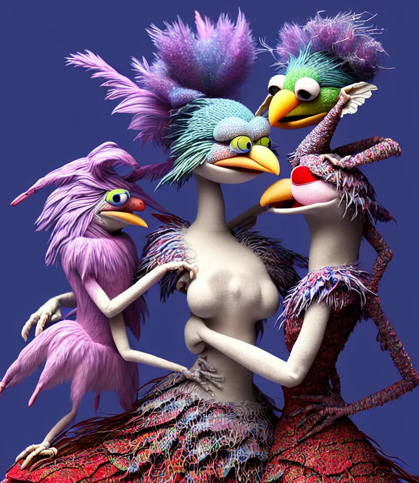 Image similar to hyper detailed 3d render like a Oil painting - kawaii portrait of hopeful lovers hugging tight or kissing pecking adorably Aurora (a beautiful girl skeksis muppet fae princess protective playful expressive acrobatic from dark crystal that looks like Anya Taylor-Joy) seen red carpet photoshoot in UVIVF posing in scaly dress to Eat of the Strangling network of yellowcake aerochrome and milky Fruit and His delicate Hands hold of gossamer polyp blossoms bring iridescent fungal flowers whose spores black the foolish stars by Jacek Yerka, Ilya Kuvshinov, Mariusz Lewandowski, Houdini algorithmic generative render, golen ratio, Abstract brush strokes, Masterpiece, Edward Hopper and James Gilleard, Zdzislaw Beksinski, Mark Ryden, Wolfgang Lettl, hints of Yayoi Kasuma and Dr. Seuss, Grant Wood, octane render, 8k