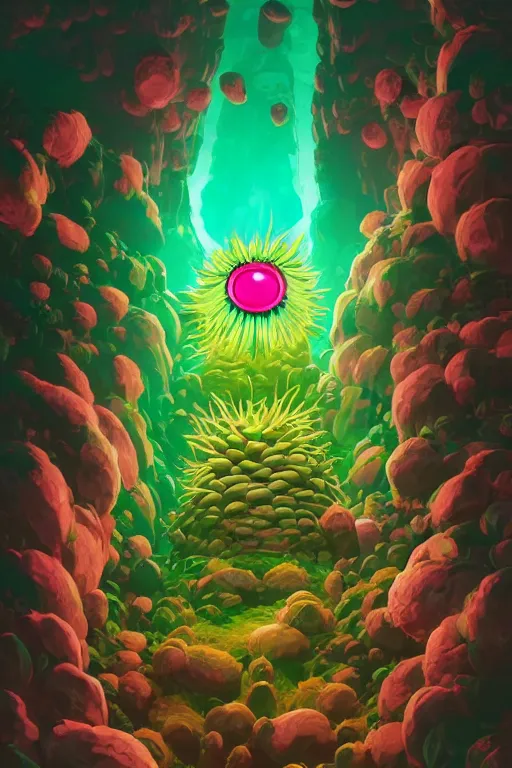 Image similar to roots cactus sushi cristal smurf ghost creature animal sushi cristal very big eye roots cactus elemental flush of force nature micro world fluo fishscale, behance hd by jesper ejsing, by rhads, makoto shinkai and lois van baarle, ilya kuvshinov, rossdraws radiating a glowing aura global illumination ray tracing hdr