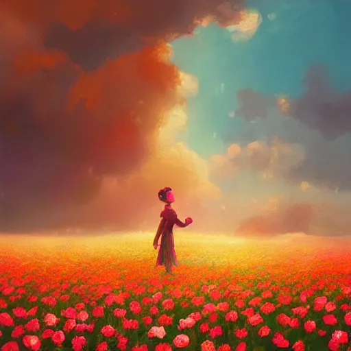 Image similar to large rose for face, girl frontal in a flower field, surreal photography, sunrise dramatic light, impressionist painting, colorful clouds, digital painting, artstation, simon stalenhag