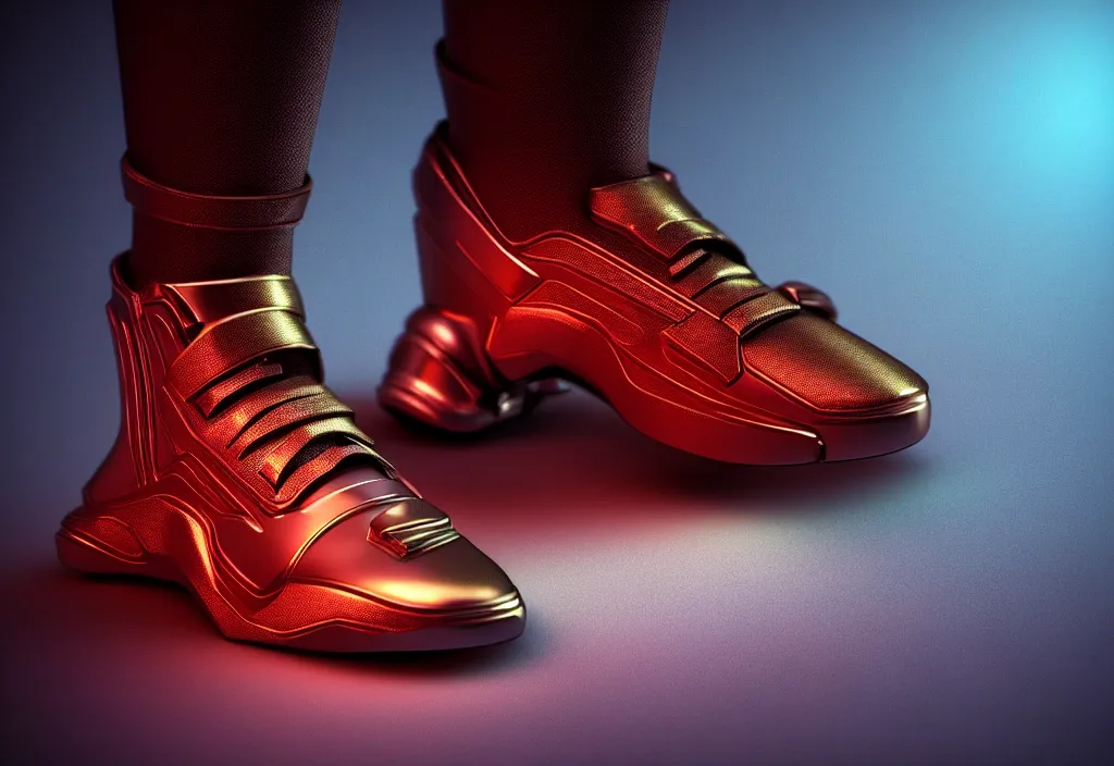 Image similar to realistic 3 d render of a cyberpunk android sneaker, beautiful studio lighting, soft, sharp focus, neon cyberpunk highlights, intricate detail, gold and red metal, soft rubber, textured plastic, octane render, side view, close up, trending on artstation, deviantart, bauhaus