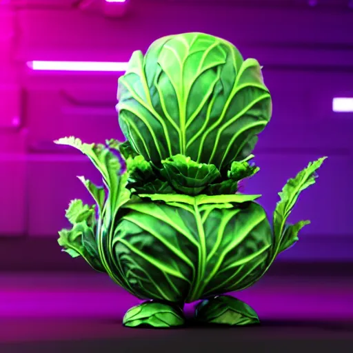 Image similar to high quality 3 d render very cute cyborg cabbage! cabbage leaves as dollars!! kale! incorporated speakers!, cyberpunk highly detailed, unreal engine cinematic smooth, in the style of blade runner & detective pikachu, hannah yata charlie immer, moody light, low angle, uhd 8 k, sharp focus