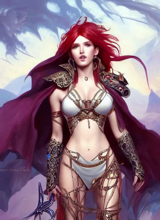 Image similar to ultra realistic illustration, bella thorne as diablo 3 angel anime with adonis belt, intricate, elegant, highly detailed, digital painting, artstation, concept art, smooth, sharp focus, illustration, art by artgerm and greg rutkowski and alphonse mucha and wlop