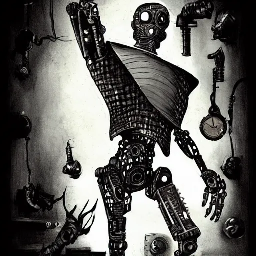 Image similar to ccyborg man, thin, short hair, small scar on the chin, a robotic arm and big shoes, sophisticated clothing with some steampunk elements, gesture dynamic, organic, appealing, book cover, deep shadows, by Dave McKean sketch lineart for character design