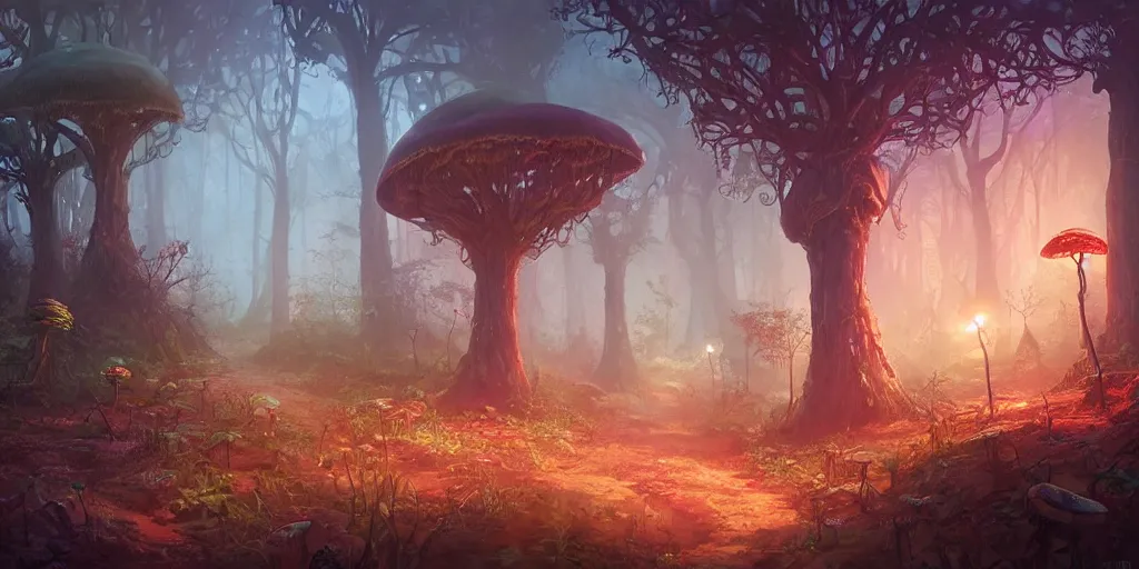 Prompt: dirt path in the middle of an enchanted magical fantasy forest, twisting trees, spiralling bushes, spike - like branches, colorful glowing mushroom scattered, dark atmosphere, matte, by andreas rocha and stephan martiniere