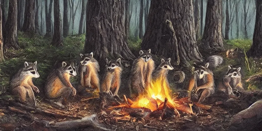 Image similar to A small group of racoons is sitting in the forest next to a campfire. There is a wolf sneaking from the side. Cinematic, very beautiful, painting in the style of Lord of the rings