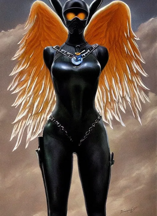 Image similar to full body artwork of tracer overwatch, wearing black latex outfit, in style of zdzisław beksinski, angel wings, dramatic painting, wearing detailed steel collar, black shiny armor, chains, black harness, detailed face and eyes,