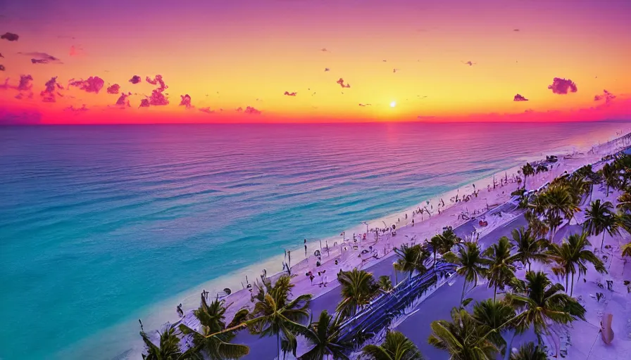 Prompt: miami hotels, unreal engine, digital art, drone photography, sunset, sharp focus, beach, vivid color, clear sky