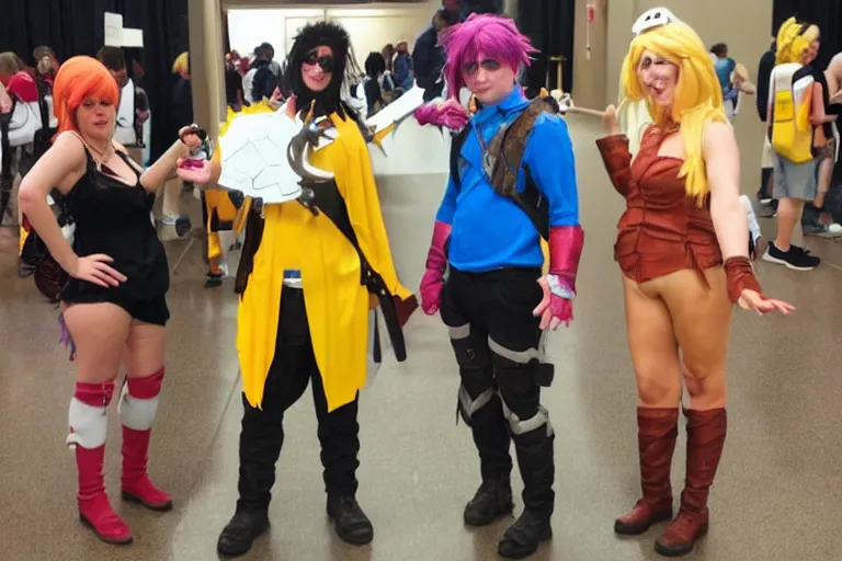 Prompt: clever and hilarious improvised low - cost cosplays at a convention.