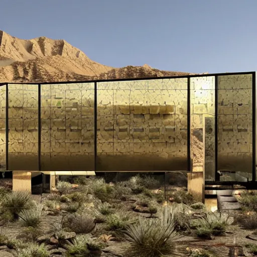 Image similar to biophilic conceptual hotel in the desert, high detaild, realistic, golden ratio