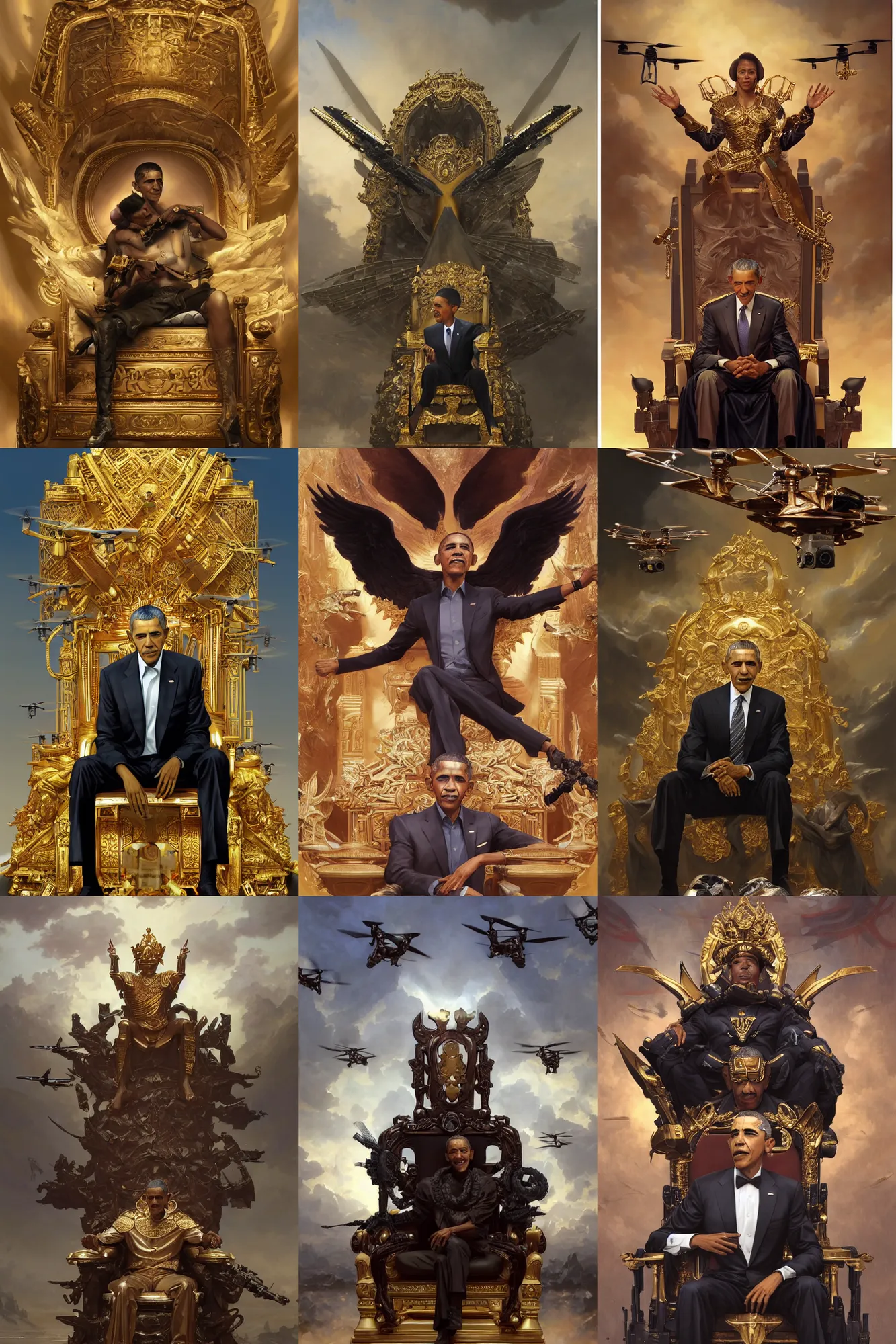 Prompt: portrait of Barack Obama The Drone King sitting on a golden throne with MQ-1 Predator Drones (military) flying out from under it, By Ruan Jia and Stanley Artgerm, Range Murata and WLOP and Ross Tran and William-Adolphe Bouguereau. Key Art. Fantasy Illustration. award winning, Artstation, intricate details, realistic, Hyperdetailed, 8k resolution.