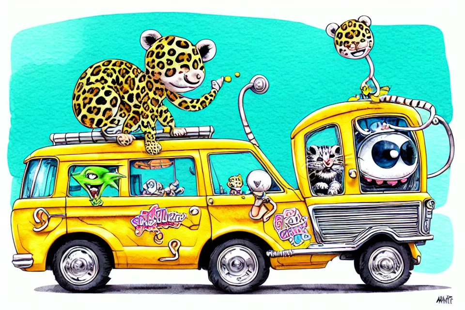 Image similar to cute and funny, baby leopard wearing a helmet riding in a mystery machine van, ratfink style by ed roth, centered award winning watercolor pen illustration, isometric illustration by chihiro iwasaki, edited by range murata, tiny details by artgerm and watercolor girl, symmetrically isometrically centered, sharply focused