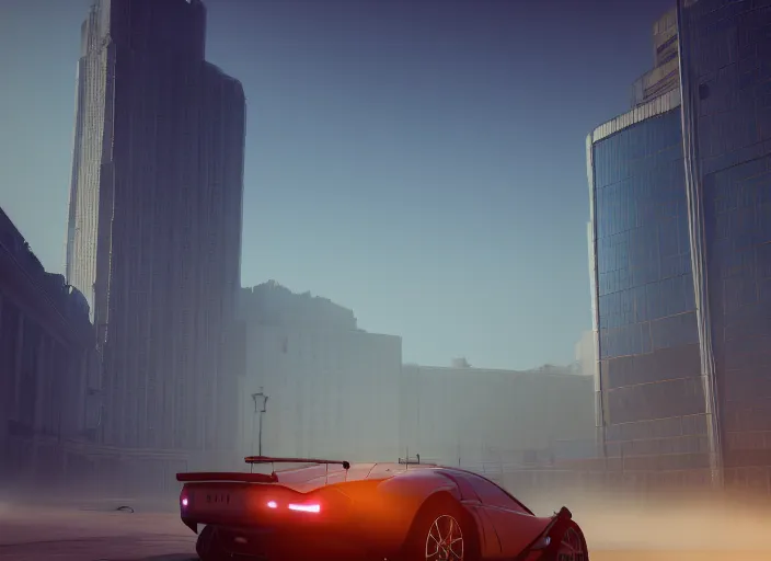 Image similar to gta in moscow, playstation 5 screenshot, symmetrical, mega details, golden hour, fog, beautiful rtx reflections, brutalism buildings, photorealistic, unreal engine 5, octane render, volumetric light, cg society, 4 k, bokeh, lada car, artstation