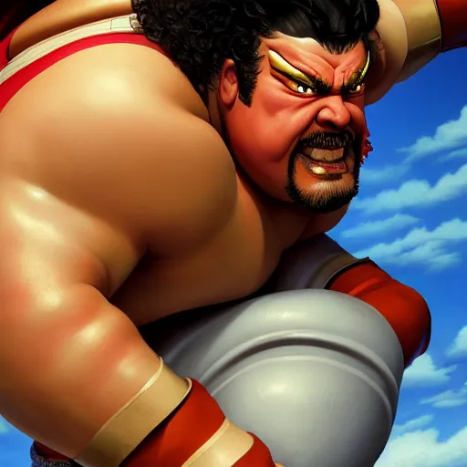 Image similar to danny mcbride as e. honda street fighter, sumo wrestler, full body, face detail, ultra realistic, concept art, intricate details, highly detailed, photorealistic, octane render, 8 k, unreal engine, art by frank frazetta, simon bisley, brom