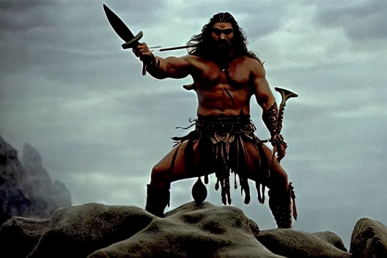 Image similar to 7 0 mm film still from conan the barbarian, jason momoa as conan with a giant sword wearing ornate dragon armor in the wet tombs of medusa skulls and snakes, cinematic, volumetric lighting, mist, wet skin and windblown hair, muscular!!!, heroic masculine pose, ridley scott