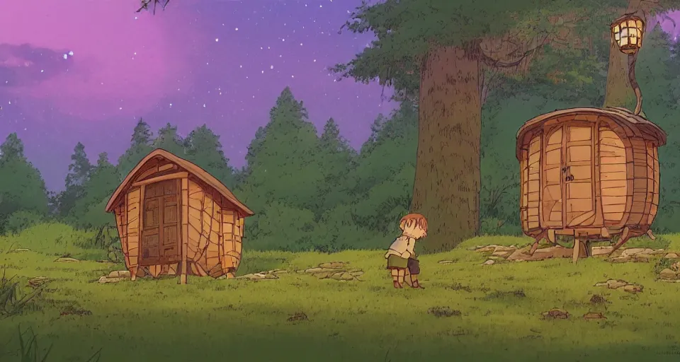 Prompt: beautiful wide shot cozy hut in the forest near river with fireflies , studio ghibli, Miyazaki, studio ghibli, Jean girard, Moebius , animation, golden hour, highly detailed, 70mm