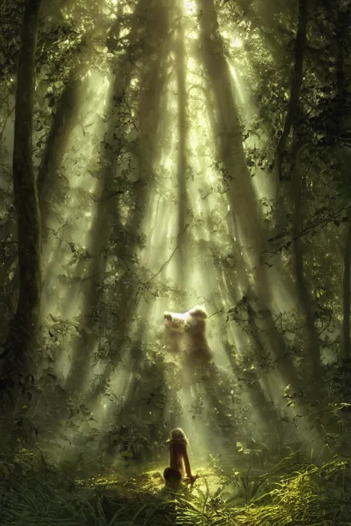 Image similar to mean fluffy teddybear protecting girl in a forest with rays of light coming through the canopy, masterpiece, dystopian, sci-fi, extremely detailed, digital painting, sculpted in zbrush, artstation, concept art, smooth, sharp focus, illustration, chiaroscuro lighting, golden ratio, incredible art, artgerm, greg rutkowski, alphonse mucha, simon stalenhag, carravaggio