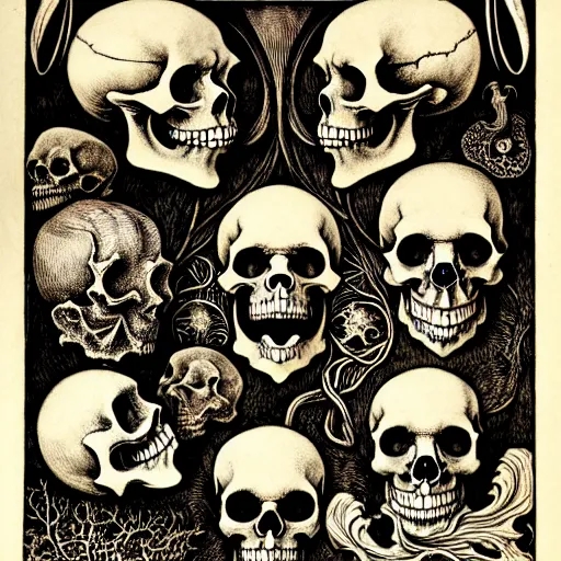 Prompt: melancholy memento mori by arthur rackham, detailed, art nouveau, gothic, ornately carved beautiful skull dominant, intricately carved antique bone, skulls, art nouveau botanicals, microscopic organisms by ernst haeckel, art forms of nature by ernst haeckel, horizontal symmetry, arthur rackham, ernst haeckel