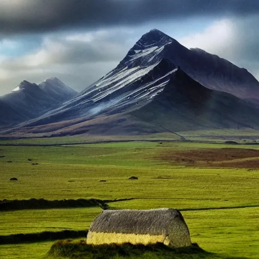 Image similar to beautiful landscape of Rohan with rural thatch roof villages scattered throughout the countryside, in the style of J.R.R Tolkien