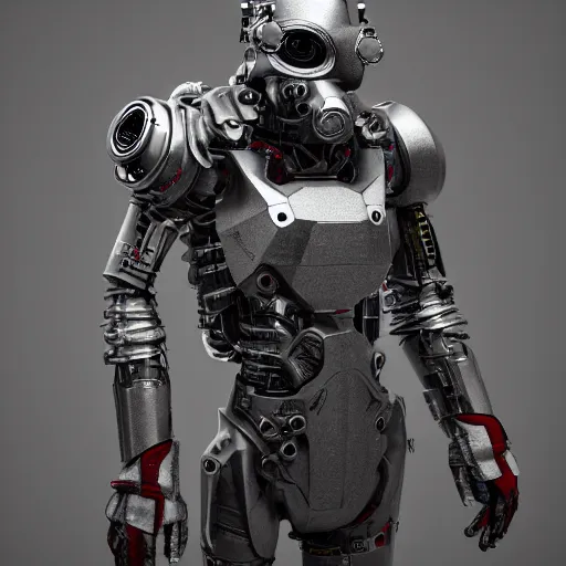 Image similar to Full lenght view Photography of ultra mega super hyper realistic detailed warmachine by Hiromasa Ogura . Photo on Leica Q2 Camera, Rendered in VRAY and DaVinci Resolve and MAXWELL and LUMION 3D, Volumetric natural light. Wearing cyberpunk suit with many details by Hiromasa Ogura .Rendered in VRAY and DaVinci Resolve and MAXWELL and LUMION 3D, Volumetric natural light