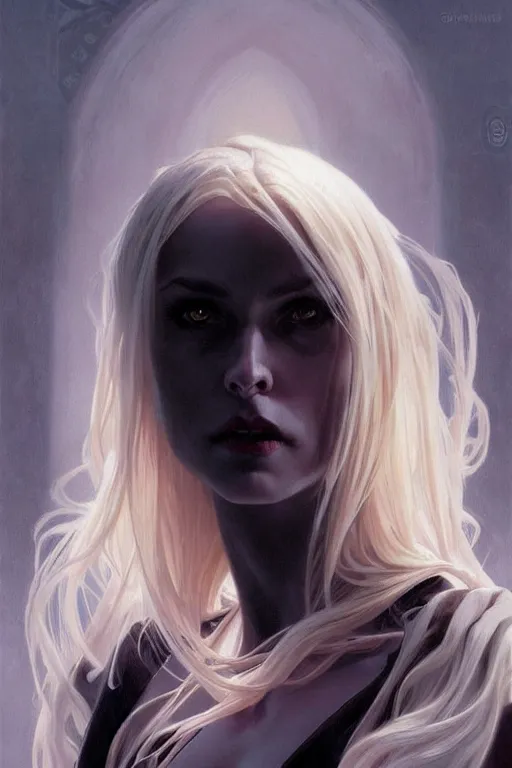 Prompt: portrait of an old blonde vampire mage, dark, piercing eyes, gentle expression, elegant clothing, photorealistic, highly detailed, artstation, smooth, sharp focus, art by michael whelan, artgerm, greg rutkowski and alphonse mucha