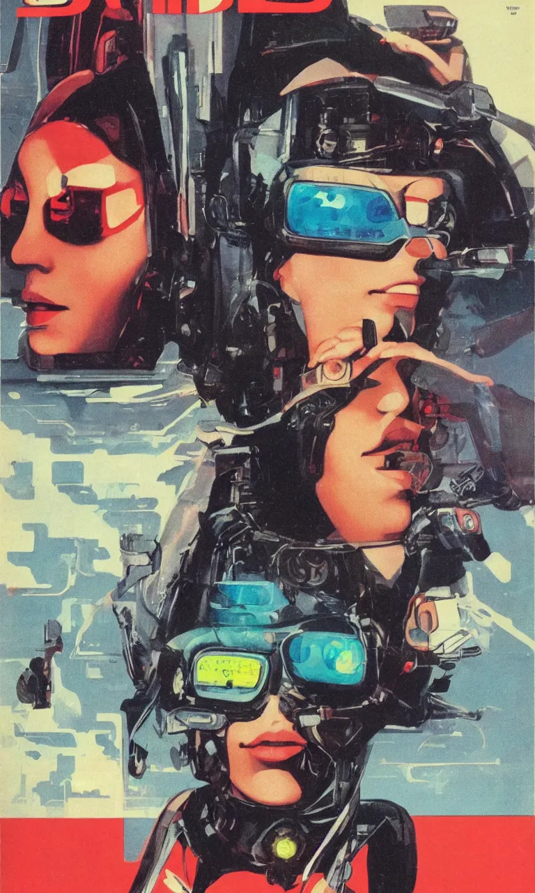 Image similar to 1979 OMNI Magazine Cover depicting a portrait of a Beautiful woman wearing AR goggles, Cyberpunk Akira style by Vincent Di Fate