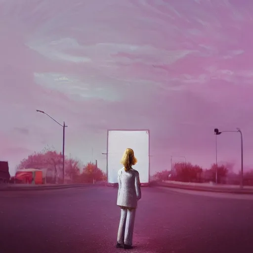 Image similar to giant white daisy flower head, frontal, girl in a suit, standing in street, surreal photography, sunrise, dramatic light, impressionist painting, digital painting, artstation, simon stalenhag