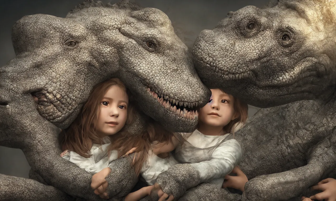 Image similar to portrait of a little girl cuddling with her beloved tyrannosaurus, very high detail, raytracing, back light, raymarching, by ilm, by digital domain, by weta digital