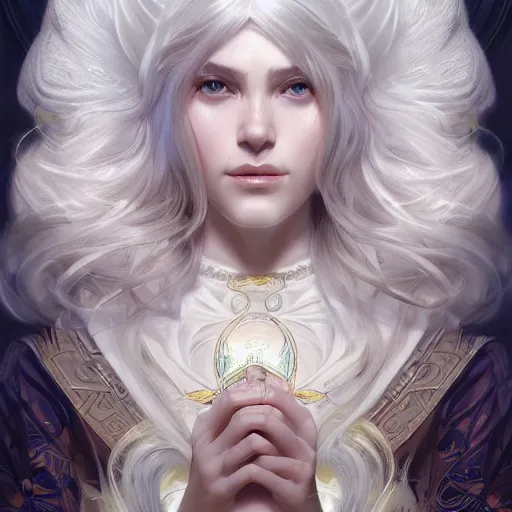 Prompt: god and goddess, white hair, long hair, gorgeous, amazing, elegant, intricate, highly detailed, digital painting, artstation, concept art, sharp focus, illustration, art by artgerm and greg rutkowski and alphonse mucha