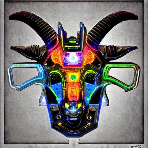 Prompt: cybernetic evil goat head merged with complex circuitry and machinery, multicolored, giger