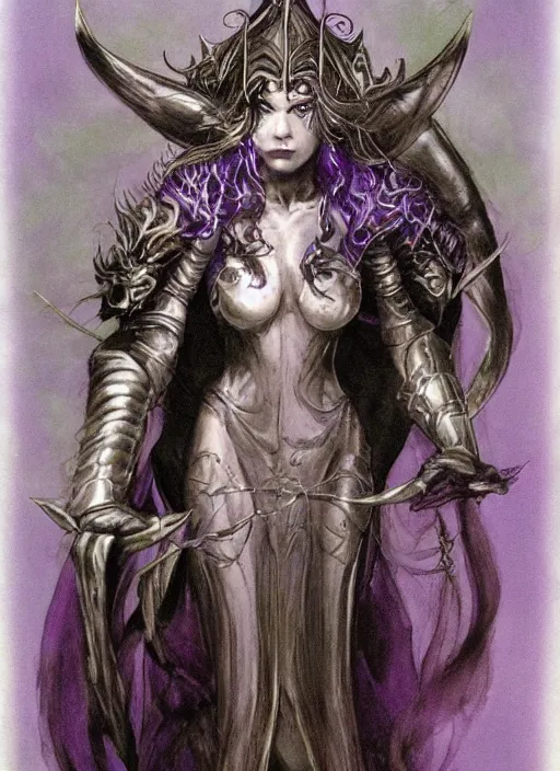 Image similar to portrait of young female prophetess of the endtimes, transluscent skin, silver filigreed armor, lavender hair, beautiful! coherent! dungeons and dragons character, by brian froud, strong line, cool night color, high contrast