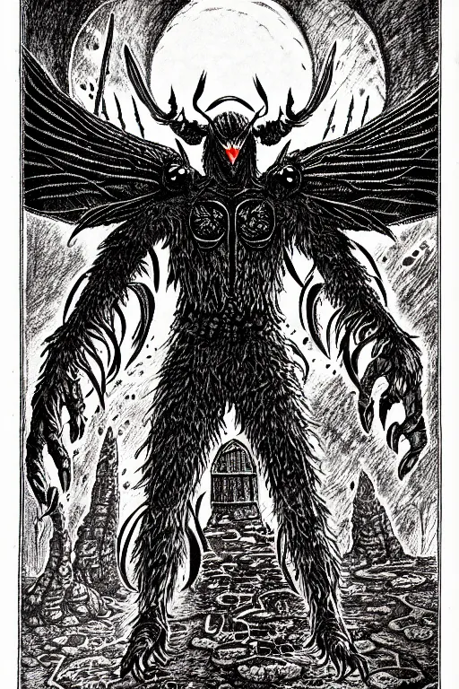 Prompt: mothman as a d & d monster, full body, pen - and - ink illustration, etching, by russ nicholson, david a trampier, larry elmore, 1 9 8 1, hq scan, intricate details, inside stylized border