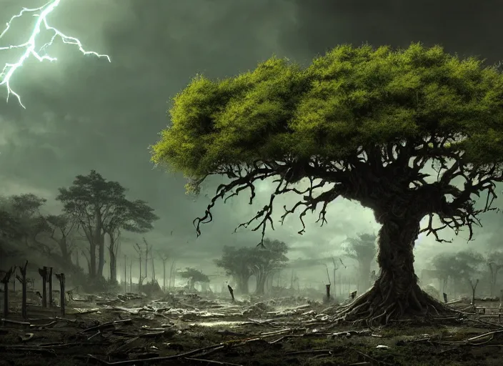 Prompt: oak tree growing in the rubble of a post - apocalypse city wasteland, gray dull background, colorful green leaves, hyperrealistic, very detailed leaves, sharp focus, highly detailed, cinematic, single ray of golden sunlight shinging on the tree, digital art, soft lightning, oil painting by greg rutkowski