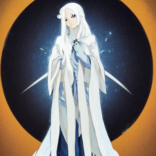 Prompt: anime girl with white hair gathered in two tails, with white diamond - shaped hairpins on her head, dark blue eyes, in a white cloak and hood, anime style, 4 k, high quality, digital painting, elegant, highly detalied, artstation, concept art, art by artgem and greg rutkowski and alphonse mucha
