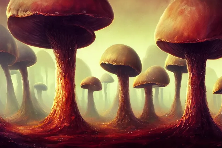 Prompt: a giant mushroom forest in the style of Anato Finnstark concept art, 4K, UHD, High quality, Trending on Artstation HQ