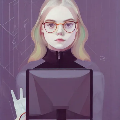 Image similar to Elle Fanning hacking a computer picture by Sachin Teng, asymmetrical, dark vibes, Realistic Painting , Organic painting, Matte Painting, geometric shapes, hard edges, graffiti, street art:2 by Sachin Teng:4