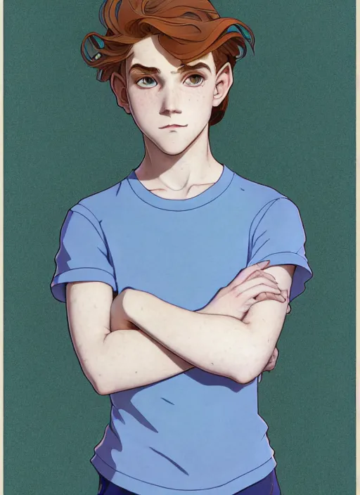 Image similar to art nouveau portrait of a teen boy with completely straight auburn hair, light blue eyes, pale skin, freckles, sad expression, t - shirt, modern casual clothing, natural lighting, path traced, highly detailed, high quality, cartoon, digital painting, by don bluth and ross tran and studio ghibli and alphonse mucha