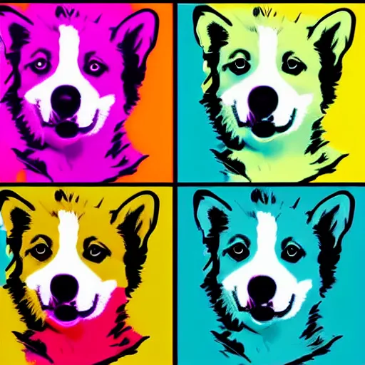 Image similar to corgi digital art in the style andy warhol, similar in design to marilyn diptych, high saturation, colorful, many different colors