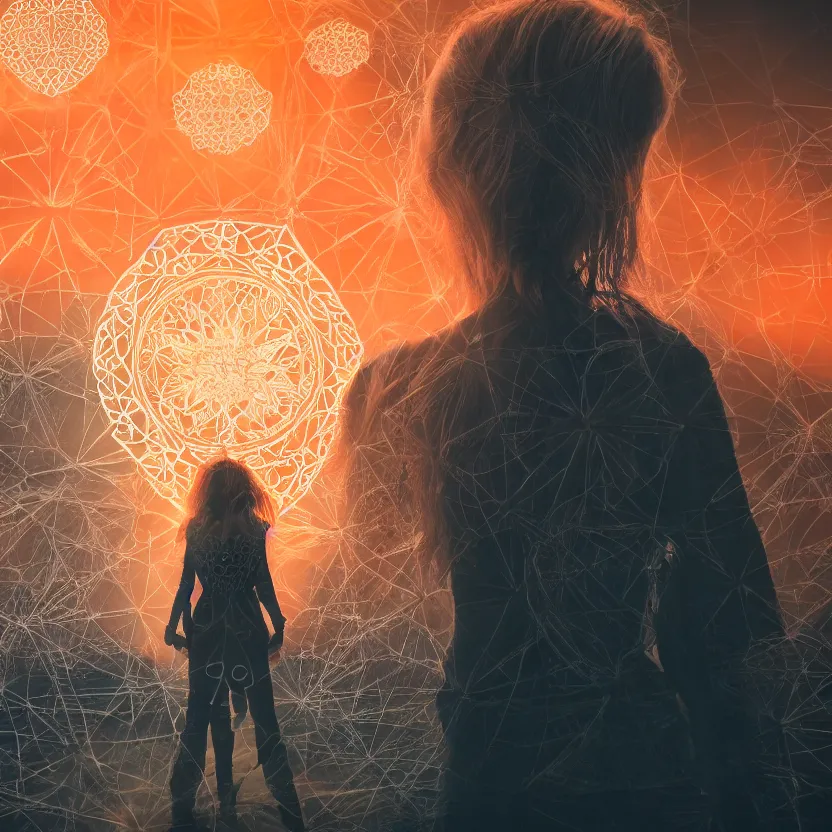 Image similar to closeup portrait of a beautiful guard with blonde hair seen from the back in front of a dystopian (orange fog) merkabah flower of life cyberpunk ultra realistic 4K